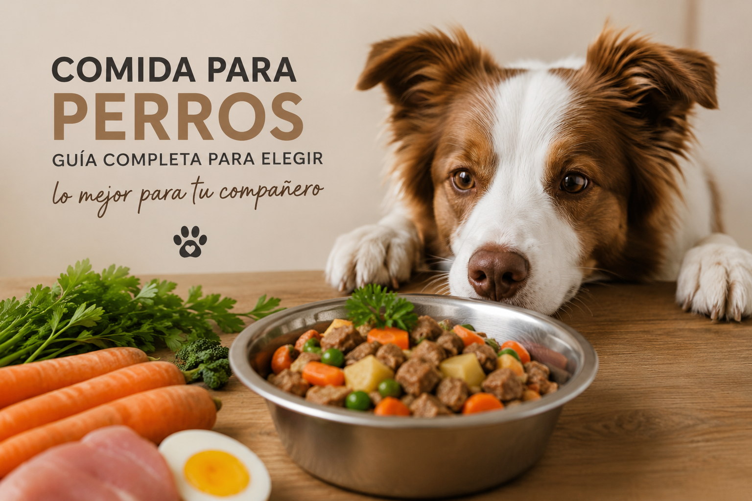 Perro mirando un cuenco de comida natural con ingredientes frescos para una guía sobre comida para perros.